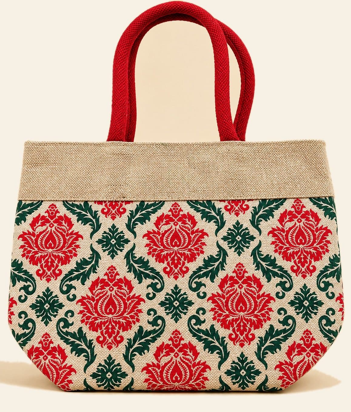 Handcrafted damask jute tote bag by HuskWorks